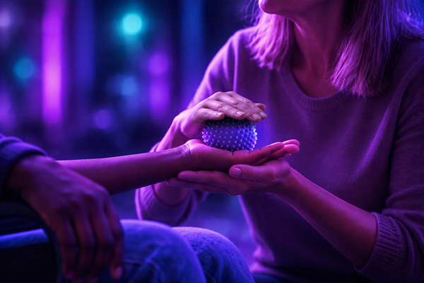 Deux mains posées sur une balle sensorielle, dans une lumière violette